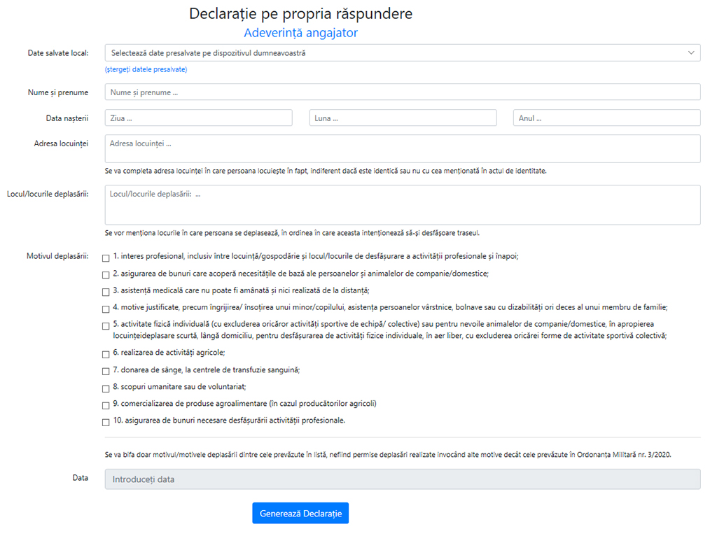 Declarații completate online pe timp de carantină