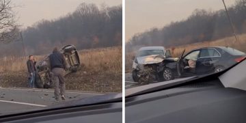 Accident grav pe DN 76, între Hidișelu de Jos și Băile Felix | Trei mașini s-au ciocnit, una dintre ele s-a răsturnat în șanț