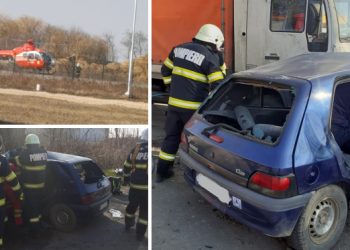 FOTO. Ciocnire între un camion și un autoturism, în Salonta | Două persoane sunt rănite. Intervine elicopterul SMURD