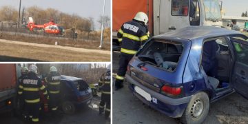 FOTO. Ciocnire între un camion și un autoturism, în Salonta | Două persoane sunt rănite. Intervine elicopterul SMURD