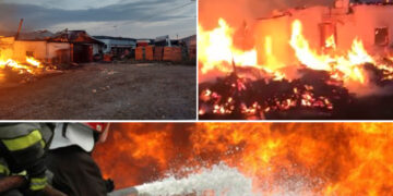 VIDEO. Incendiu violent în Bihor | Favorizate de vântul puternic, flăcările au cuprins o hală în care erau depozitate materiale lemnoase și utilaje