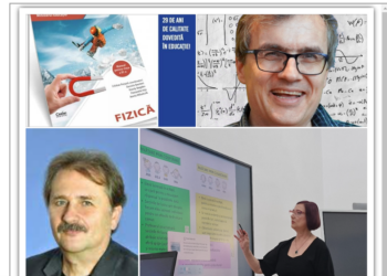 Celebrul fizician Cristian Presură împreună cu profesorii orădeni Daniela Berchez și Bogdan Károly, autorii manualului de fizică de clasa a VI-a