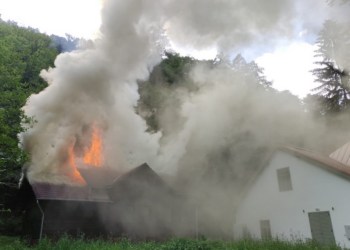 Cabană distrusă de flăcări în Vadu Crișului. Pompierii au  mers pe jos câțiva kilometri