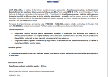 COMUNICAT DE PRESĂ: PNNR Fonduri pentru România modernă și reformată!” UAT SĂLACEA, în calitate de Beneficiar, anunță demararea proiectului ,, Reabilitarea energetică a școlii gimnaziale Balasko Nandor din localitatea Sălacea, comuna Sălacea, jud. Bihor”