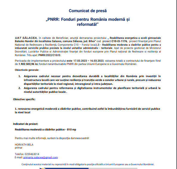 COMUNICAT DE PRESĂ: PNNR Fonduri pentru România modernă și reformată!” UAT SĂLACEA, în calitate de Beneficiar, anunță demararea proiectului ,, Reabilitarea energetică a școlii gimnaziale Balasko Nandor din localitatea Sălacea, comuna Sălacea, jud. Bihor”