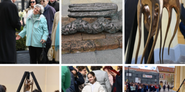 Artistul a cărui operă ilustrează celebra apoftegmă«Frumosul e întotdeauna bizar», expune în Piața Unirii.„Îngerul” și „Îngerul căzut”, la intrare în Catedrala Greco-Catolică