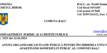ANUNȚ ORGANIZARE LICITAȚIE PUBLICĂ PENTRU ÎNCHIRIEREA UNUI IMOBIL, APARȚINÂND DOMENIULUI PUBLIC AL COMUNEI BALC