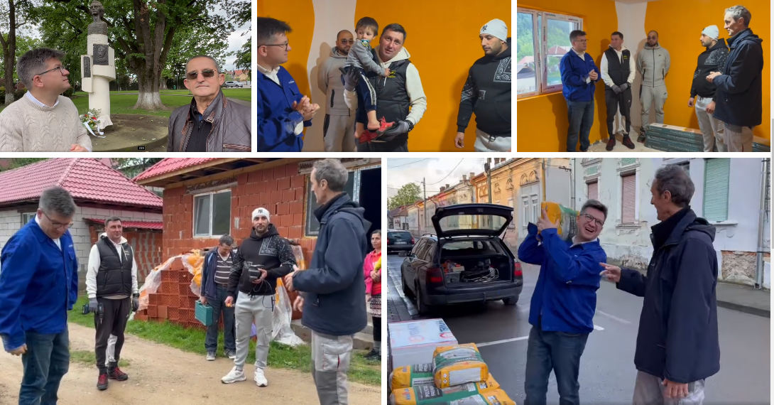 Mihail Neamțu, voluntar în Grui, Budureasa, pentru a schimba destinul unei  mame cu 8 copii. La statuia lui Eminescu cu notarul Iosif Tocoianu
