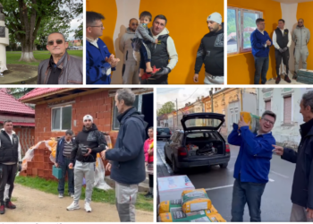 Mihail Neamțu, voluntar în Grui, Budureasa, pentru a schimba destinul unei  mame cu 8 copii. La statuia lui Eminescu cu notarul Iosif Tocoianu