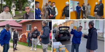 Mihail Neamțu, voluntar în Grui, Budureasa, pentru a schimba destinul unei  mame cu 8 copii. La statuia lui Eminescu cu notarul Iosif Tocoianu