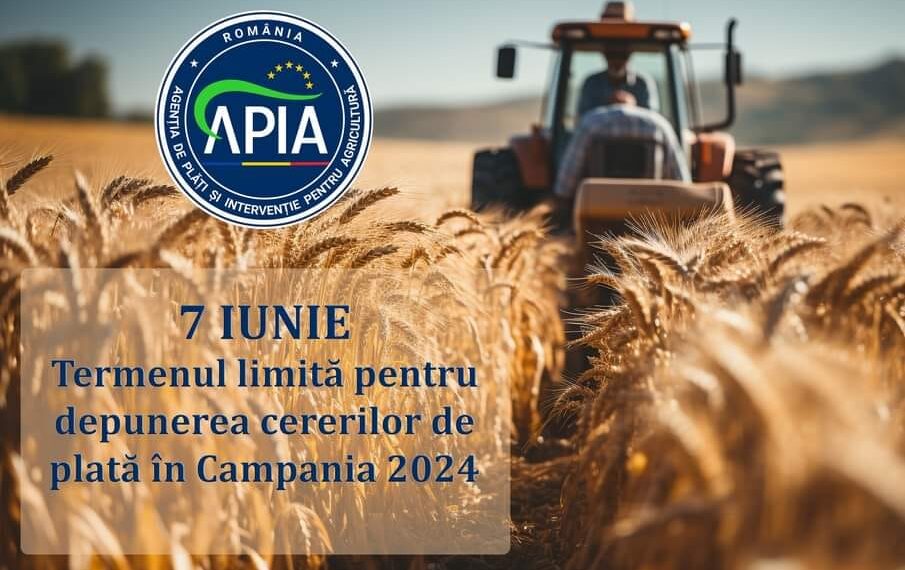7 iunie- termenul limită pentru depunerea cererii de plată în Campania 2024. În 1 și 02 iunie 2024, centrele județene/locale  APIA au program de lucru normal