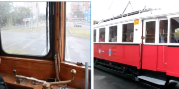 Cum circula tramvaiul de epoca, de Crăciun, prin Oradea. E împodobit special de sărbători