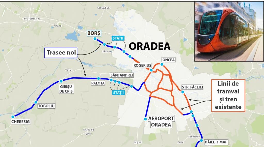Mega-proiect de peste 280 de milioane de euro în Bihor! Rețea de 33,4 km pentru Tram-tren între Oradea, aeroport și zona metropolitană