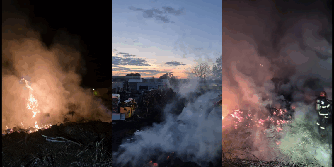 Incendiu puternic la o firmă din Mărtinești! Flăcările amenințau halele din apropiere
