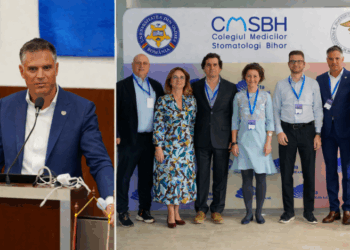 Foto: de la stânga la dreapta: dr. Florin Lăzărescu, președintele CMSR; dr. Dan Slăvescu, secretar general al CMS Bihor; dr. Liana Todor, președinta CMS Bihor; João Miguel Marques dos Santos, profesor asociat la Facultatea de Medicină a Universității din Coimbra; prof. dr. Anca Porumb; dr. Dan Căminescu, secretar general al CMSR; dr. Florin Lăzărescu; prof. dr. Ligia Vaida.