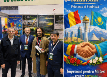 Gabriel Antoniu Lavrincic, alături de reprezentanți ai echipei și parteneri, la standul STILO EVORA din cadrul ExpoAstana, Kazahstan.