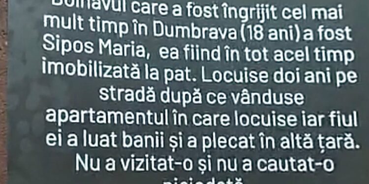 A trăit doi ani pe stradă, apoi a fost îngrijită 18 ani la Dumbrava. Povestea femeii abandonate de propriul fiu, făcută publică