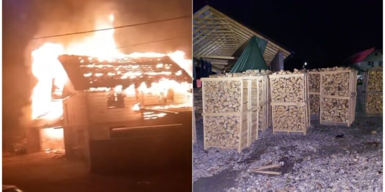 Incendiu devastator la o fabrică de prelucrare a lemnului din Bihor. Flăcările amenințau un rezervor cu 5.000 de litri de motorină – VIDEO